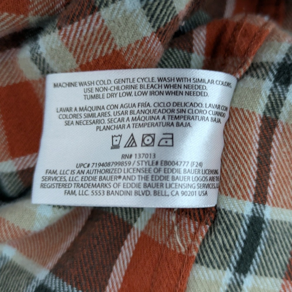 Eddie Bauer Men's Long Sleeve Orange Tan Plaid 100% Cotton Flannel Shirt Size XL - Picture 7 of 7